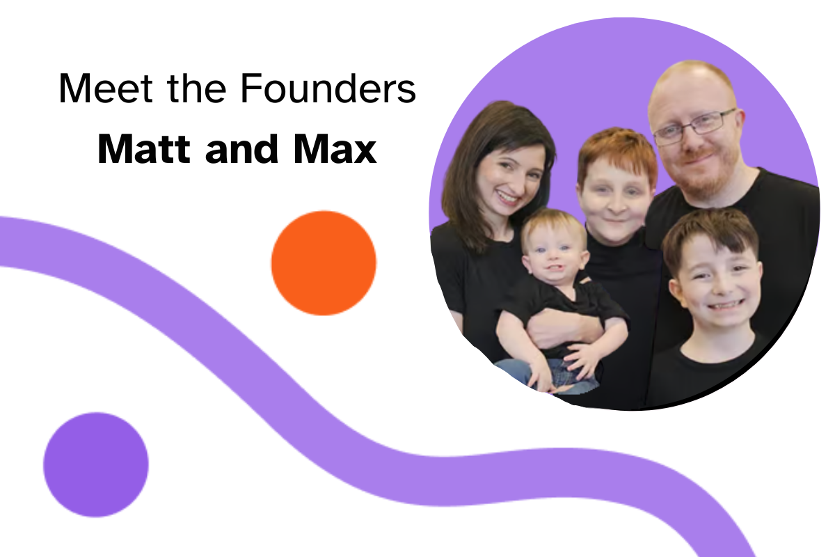 Photo of Max's family floats inside a purple circle with Never Grey branding.